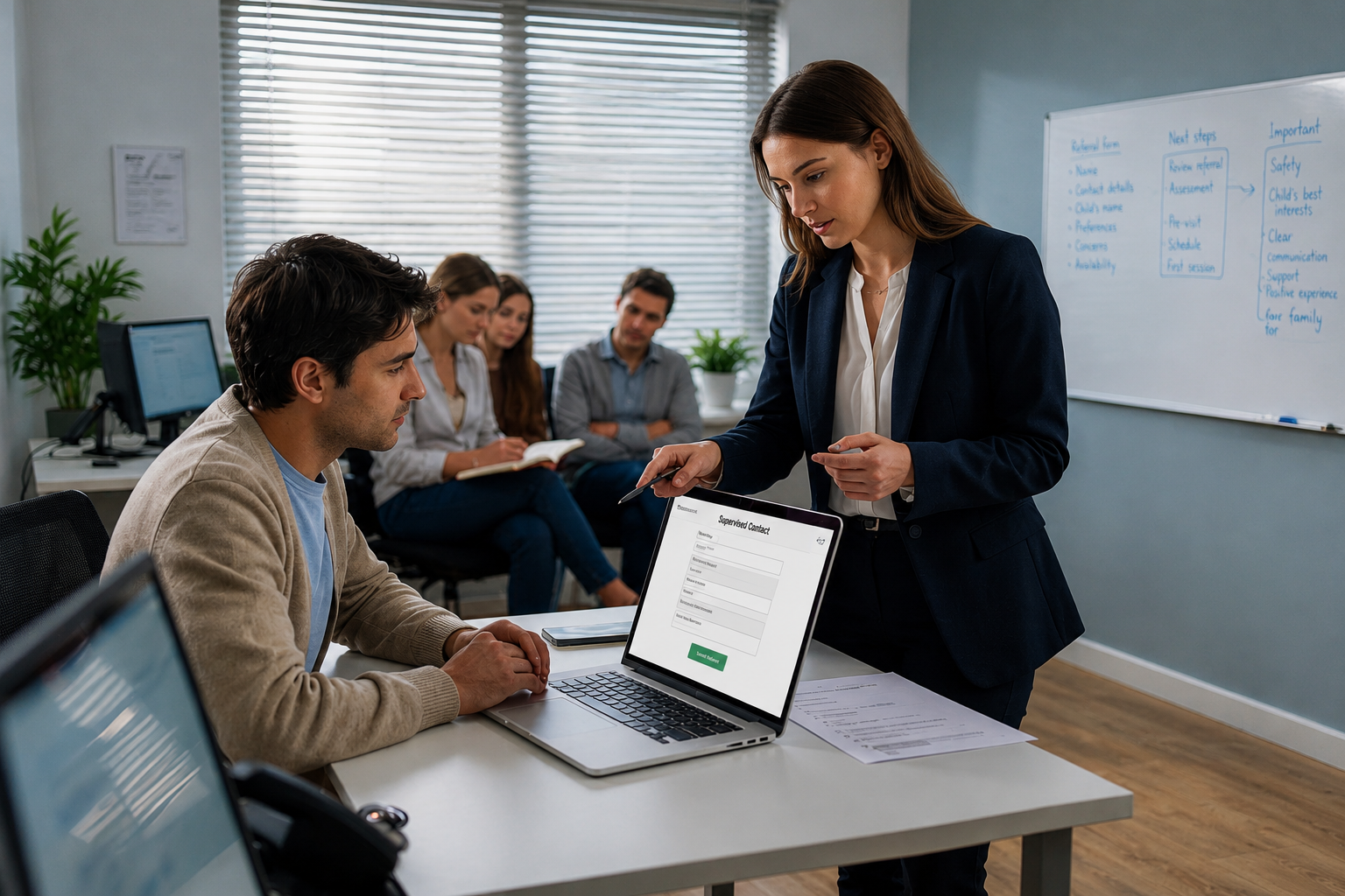 A woman discusses supervised contact arrangements with a seated parent while reviewing information on a laptop. How Soon Can Supervised Contact Start?