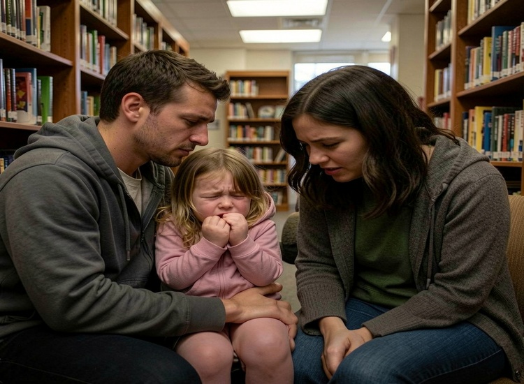 An upset young girl sitting with two adults in a library during a at the end of the contact session. child upset at the end of contact. When Your Child Doesn't Want to Leave: Managing the End of Contact Positively