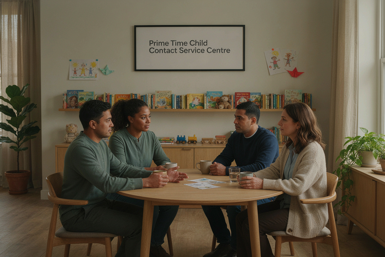 welcoming child-friendly contact service centre. A Black female child-contact professional sits at a round table with two parents, calmly facilitating a supportive discussion.