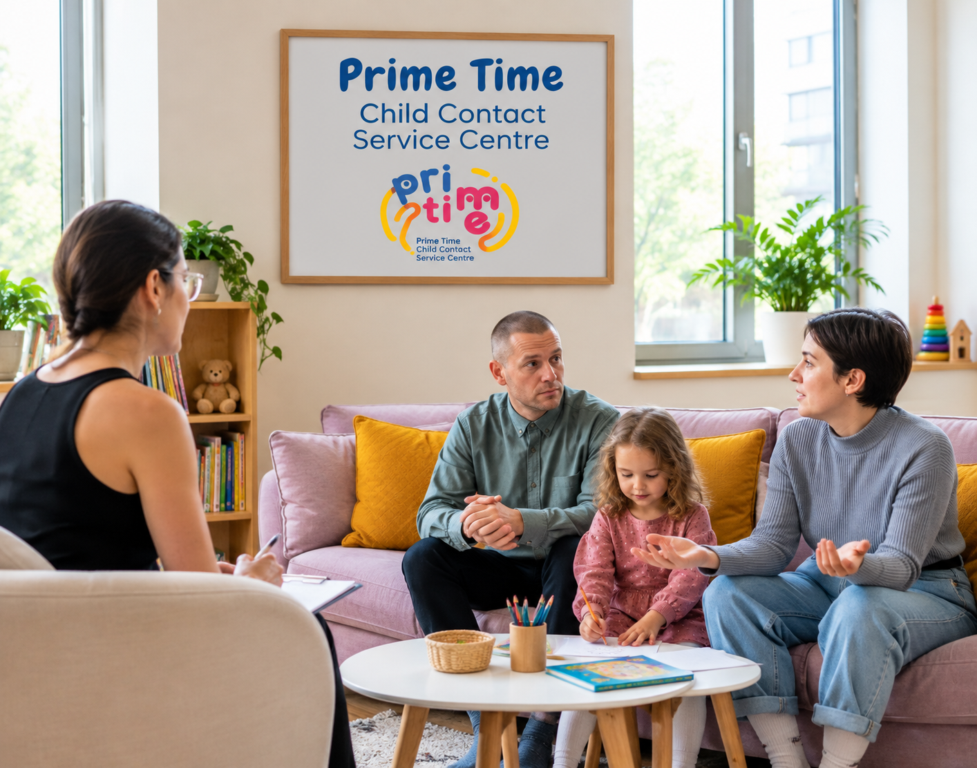 Two parents and a social worker calmly facilitating a supportive discussion. The room has natural daylight, soft neutral décor, plants, children's books, toys and children's artwork Does a New Partner Affect Your Spousal Maintenance?