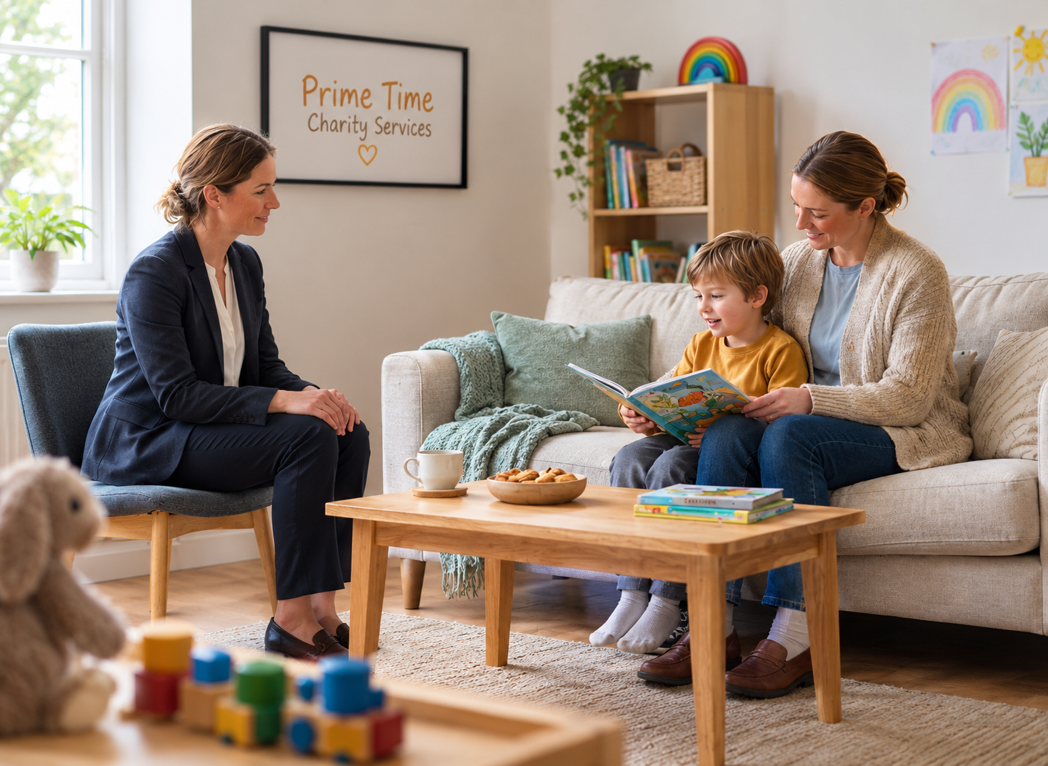 a supervised contact session in a welcoming, child-friendly setting, with a professional supervisor calmly present nearby. parent is reading a book to the child.