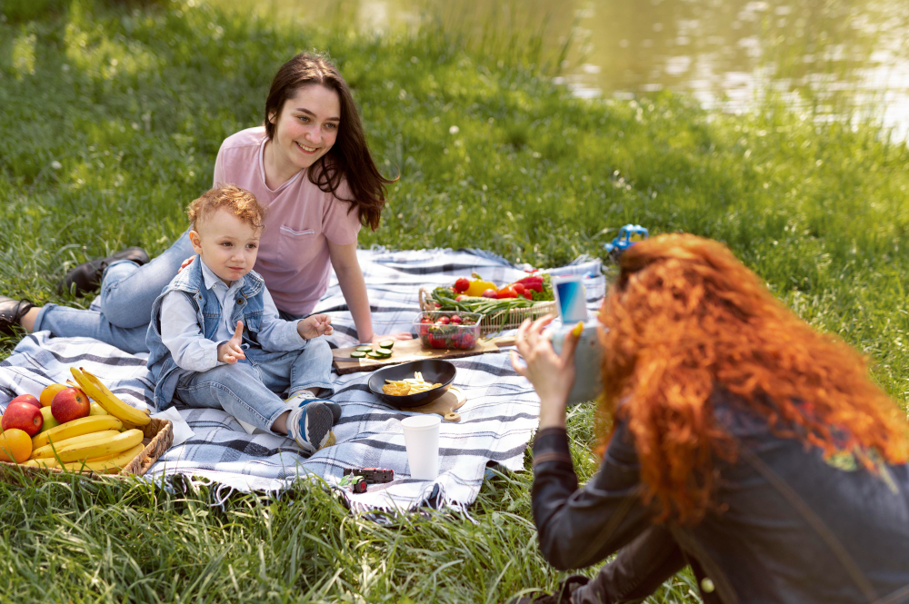 Mother and child sitting in a park having family time.