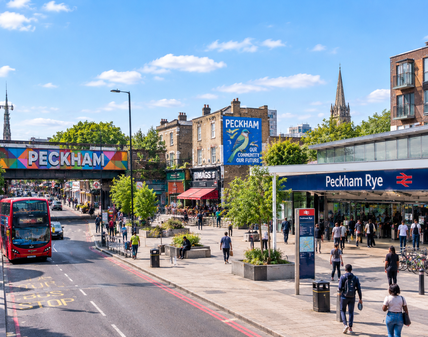 Peckham bus and train station and people are working around
