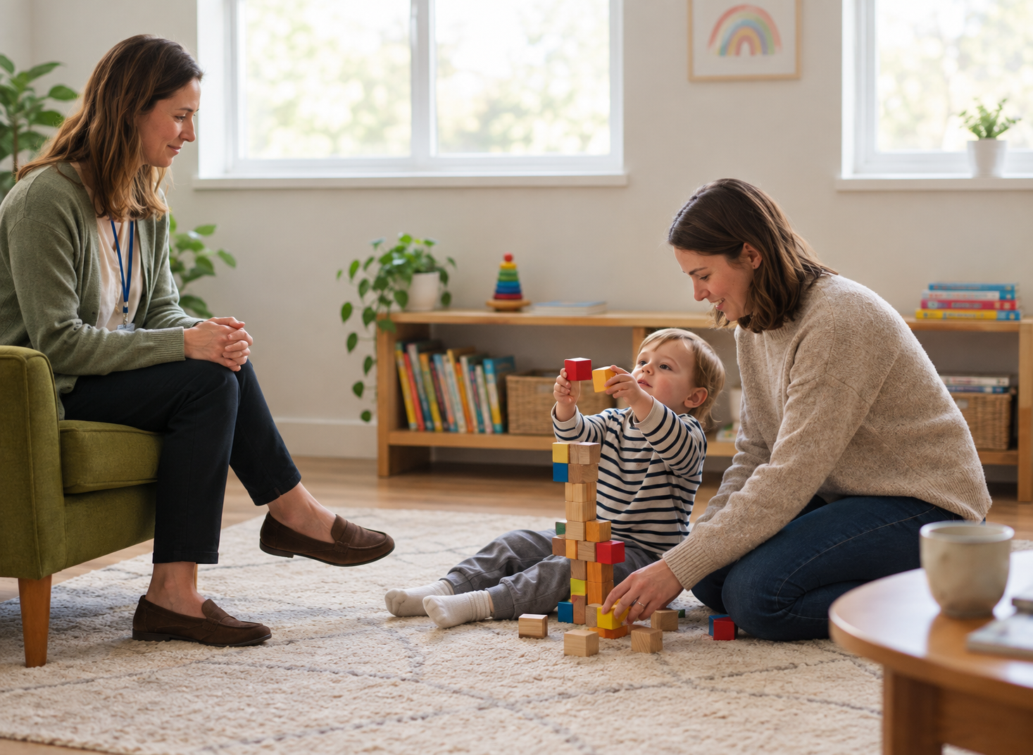 A parent and child are sitting together in a bright, welcoming contact-centre room playing a board game. The Silent Work of Contact Supervisors: How We Help Children Bridge Two Worlds
