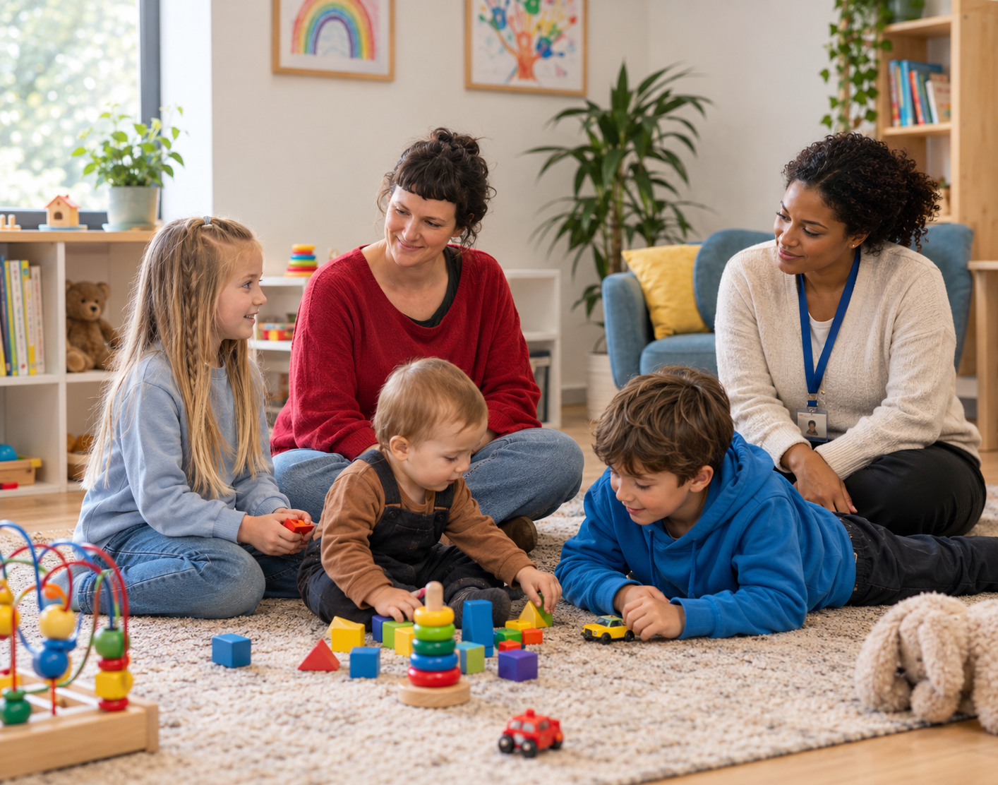 A parent and children playing together in a welcoming child contact setting, with a professional supervisor nearby.