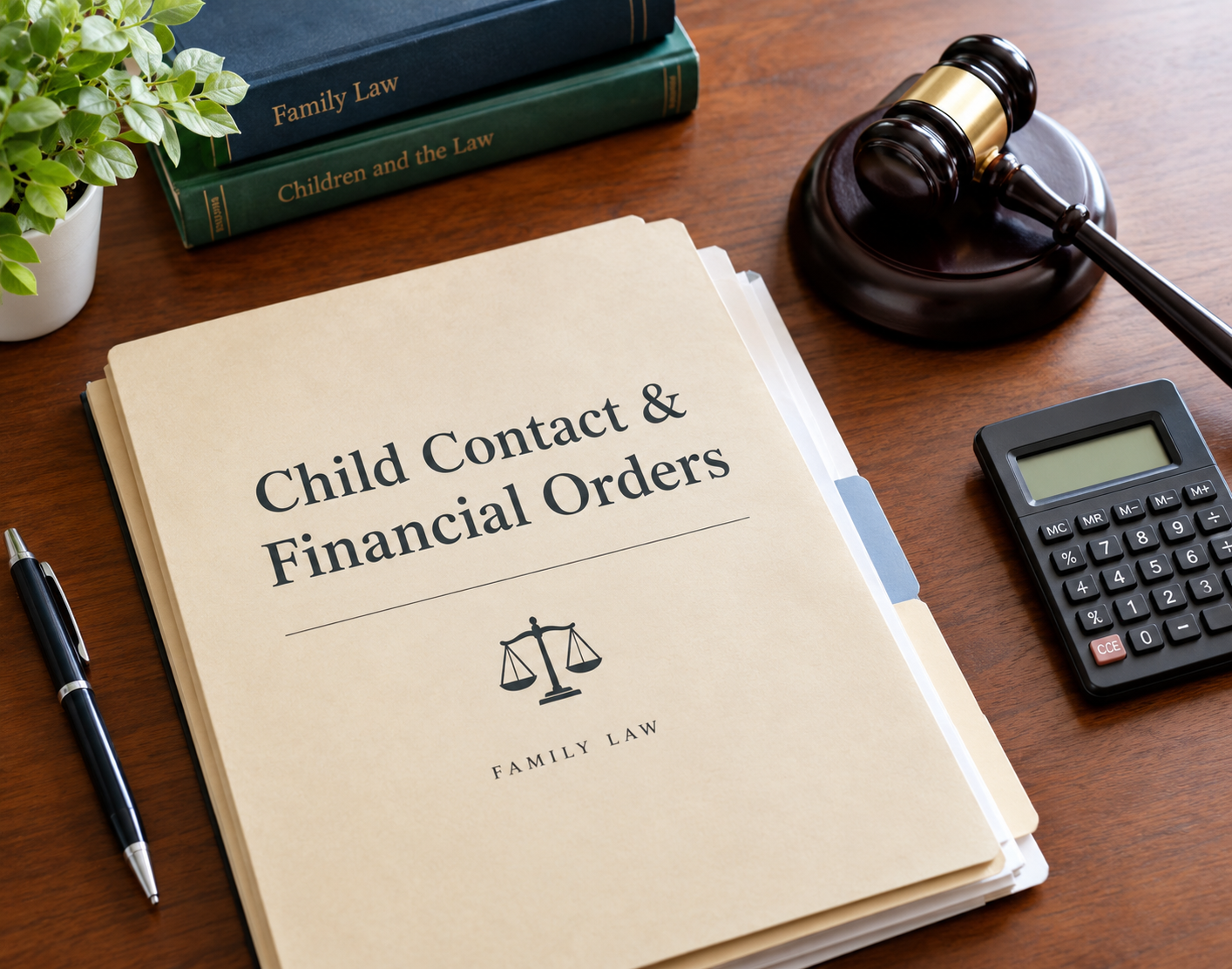 a legal folder marked "Child Contact & Financial Orders" resting beside a modern gavel and a small calculator on an organized mahogany desk, conveying official court decisions, financial obligations, and family law