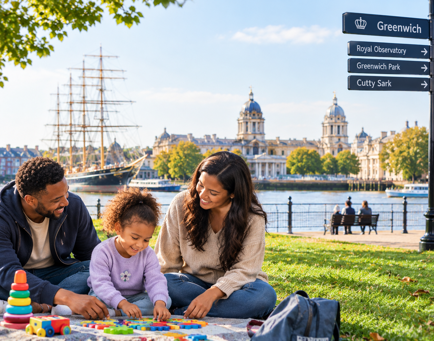 Family spending time together on the Greenwich waterfront in London, near the Cutty Sark and Old Royal Naval College.
