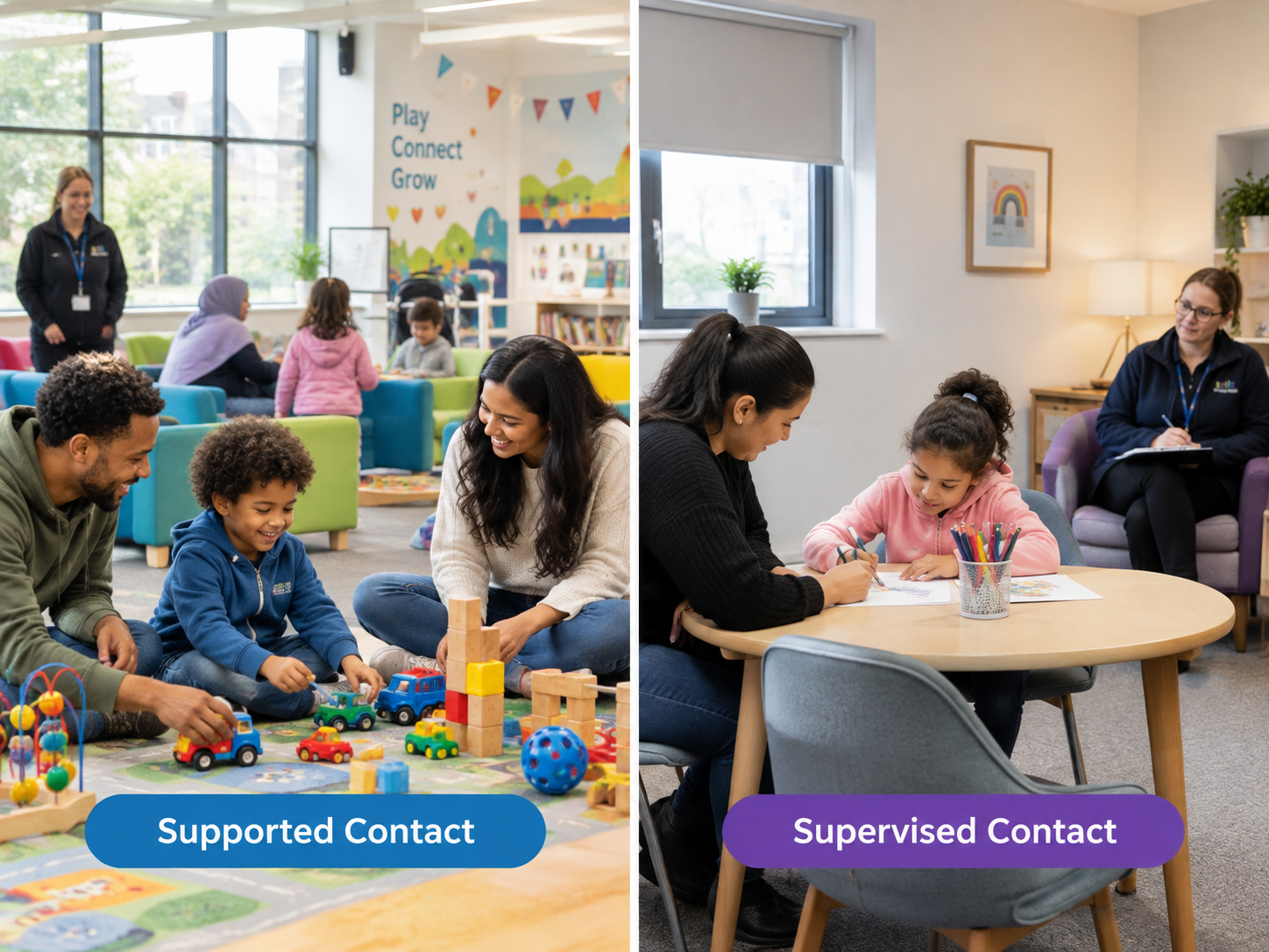 A split-screen photograph illustrating two distinct contact settings. On the left, a family plays openly in a busy, cheerful supported contact area while a staff member observes from a distance. On the right, in a private, quiet supervised room, a supervisor sits discreetly but attentively nearby, actively observing a parent and child engaging in a focused activity.