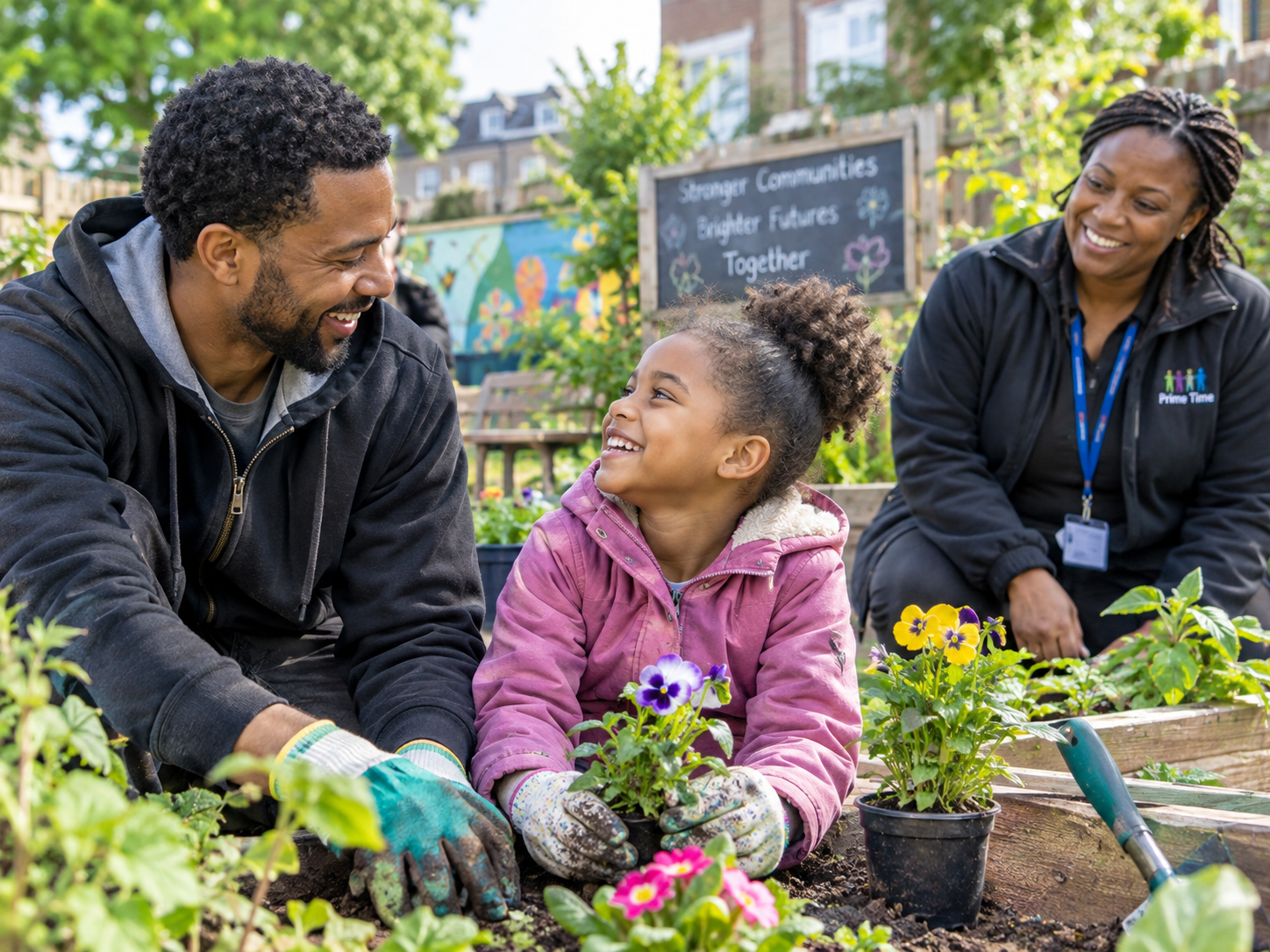 A compassionate photo showing a parent and child laughing together while planting flowers in a community garden, with a supportive supervisor smiling nearby.