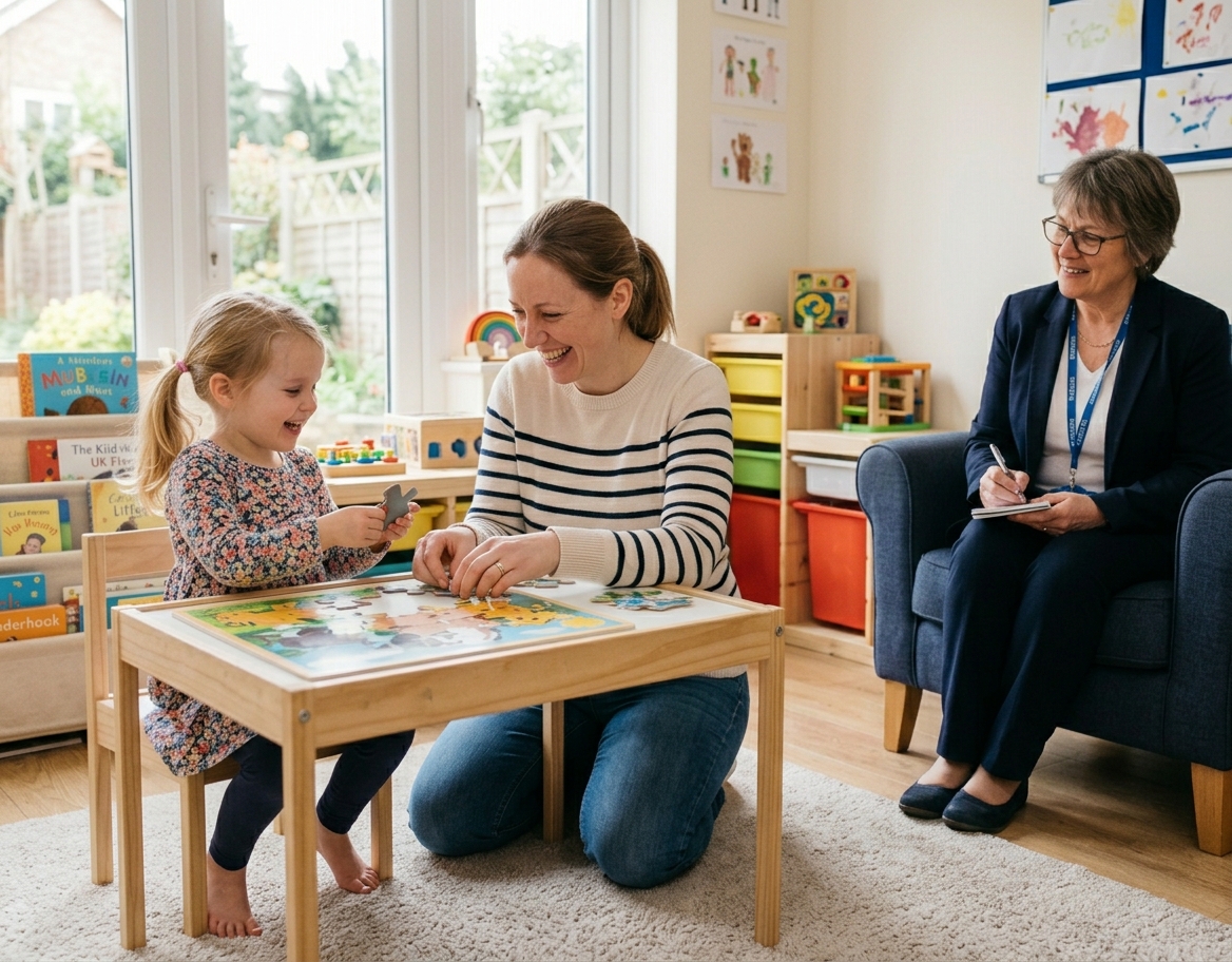 contact supervisor discreetly observing from a comfortable seat while taking light notes, as a parent and young child happily build a puzzle together in a welcoming play space.