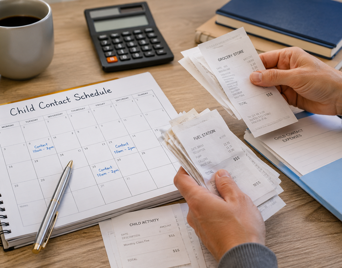A clean, professional close-up of a parent's hands organizing monthly expense receipts and a calendar labeled "Child Contact Schedule" alongside a pen on a tidy wooden table, conveying financial planning and responsibility in a calm, clear setting.