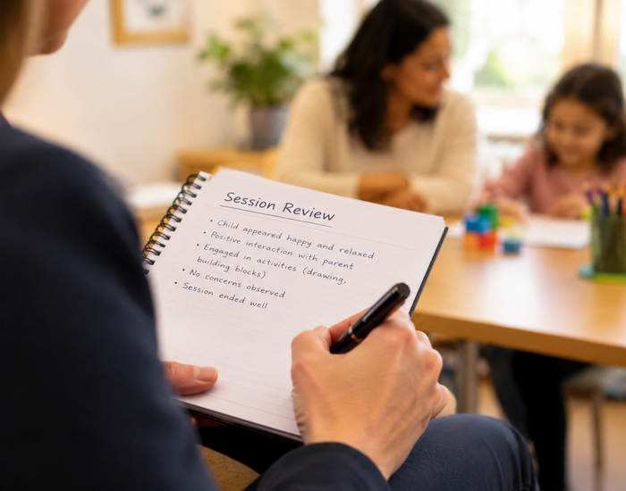 A close-up photograph of a professional supervisor’s hands writing clear, neat notes on a notepad labelled "Session Review," with a blurred, warm background showing a parent and child sitting together at a table.